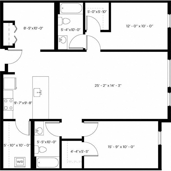 Floor plan for 2 beds, 2 baths, 1261 sqft